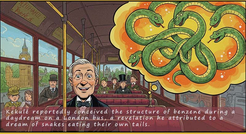 Image shows a Kekule on a London bus dreaming of snakes.